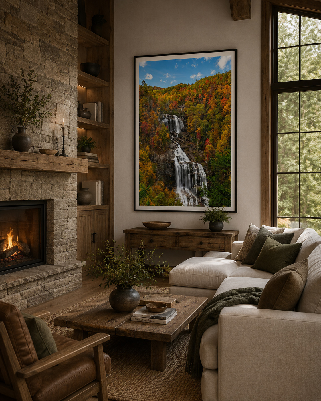 Vertical autumn waterfall artwork framed in a warm residential living room by Dan Sproul
